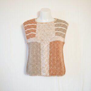 Liz Claiborne Vintage Silk Blend Patchwork Knit Sweater Vest Tan Green Large